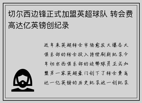 切尔西边锋正式加盟英超球队 转会费高达亿英镑创纪录