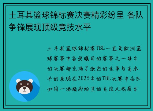 土耳其篮球锦标赛决赛精彩纷呈 各队争锋展现顶级竞技水平