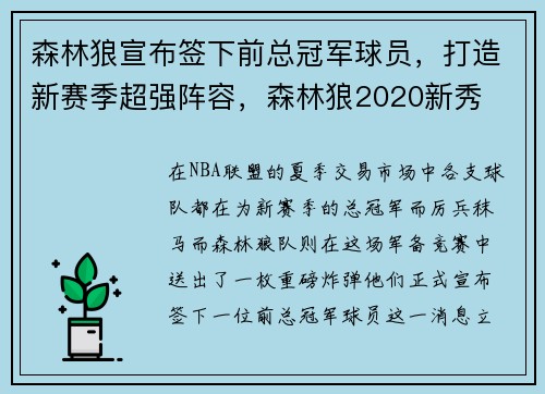 森林狼宣布签下前总冠军球员，打造新赛季超强阵容，森林狼2020新秀