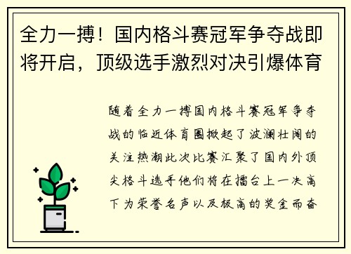 全力一搏！国内格斗赛冠军争夺战即将开启，顶级选手激烈对决引爆体育圈