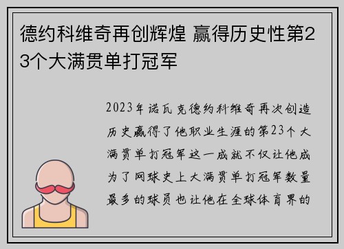 德约科维奇再创辉煌 赢得历史性第23个大满贯单打冠军