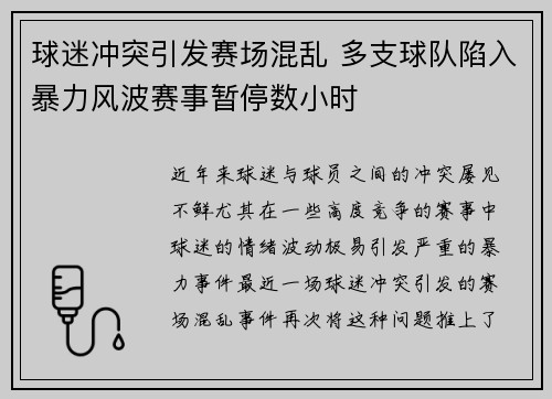 球迷冲突引发赛场混乱 多支球队陷入暴力风波赛事暂停数小时